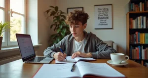 Jovem estudando inglês em casa com livros, caderno e computador em mesa organizada