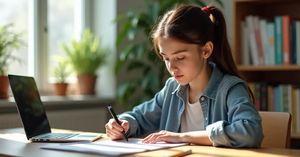 Estudante concentrado estudando com cadernos e laptop em mesa organizada