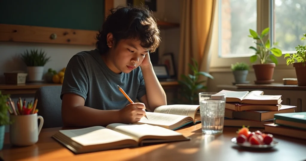 Estudante sentado à mesa com itens de bem-estar ao redor como água, frutas, relógio e livros organizados para o dia da prova