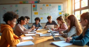 Estudantes jovens em sala de aula ativa com material didático e laptop
