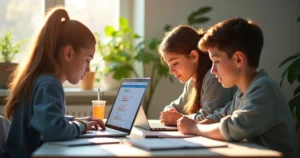 Jovens concentrados fazendo simulado do ENEM em laptops modernos