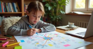 Jovem estudante criando um mapa mental colorido em papel grande com canetas e post-its na mesa de estudo organizada