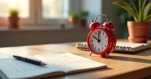 Relógio temporizador Pomodoro sobre mesa com caderno e caneta ao lado